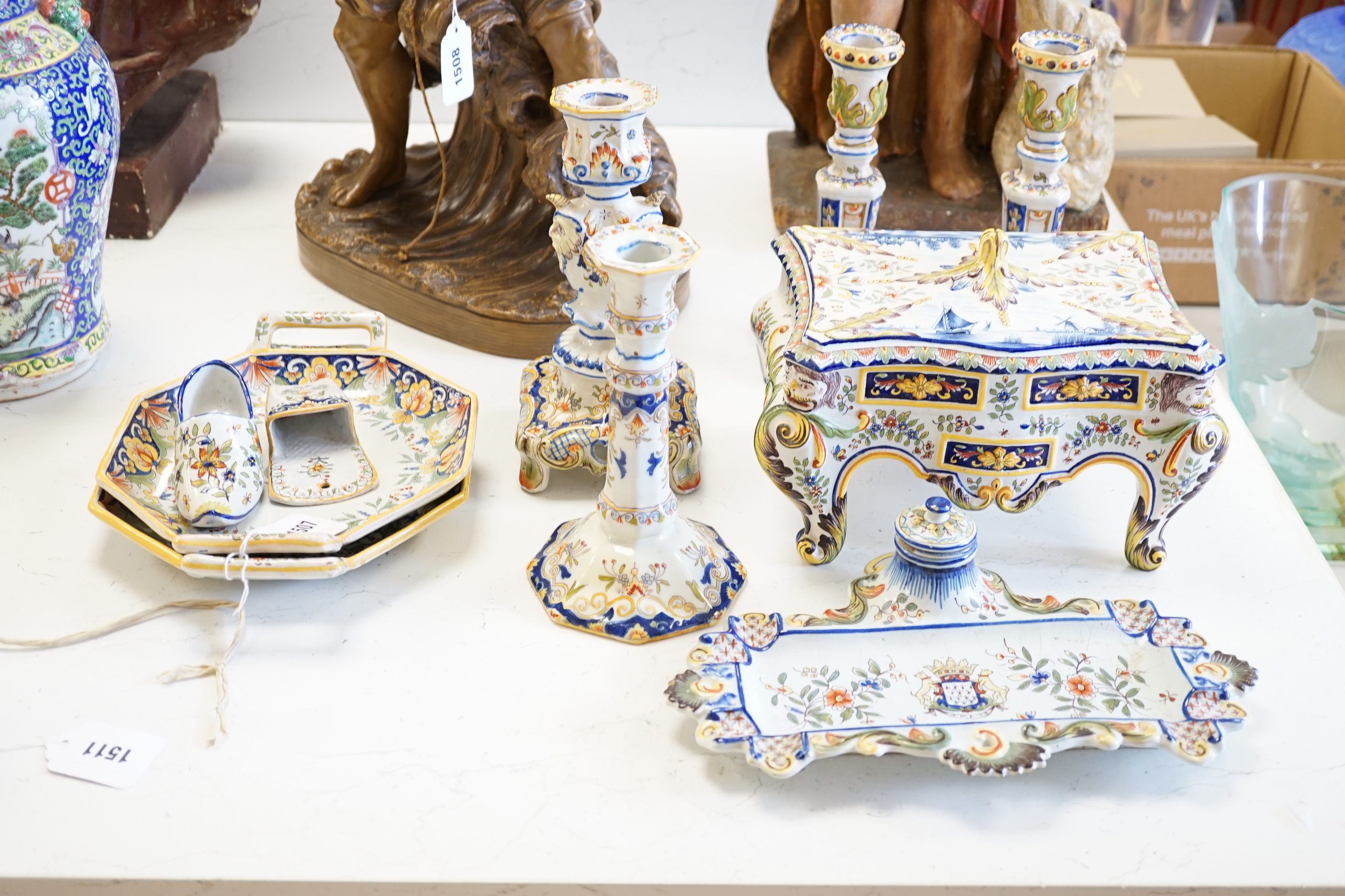 Ten items of French faience pottery, Mosanic commode shaped box, 23cm wide x 15cm high x 17cm deep